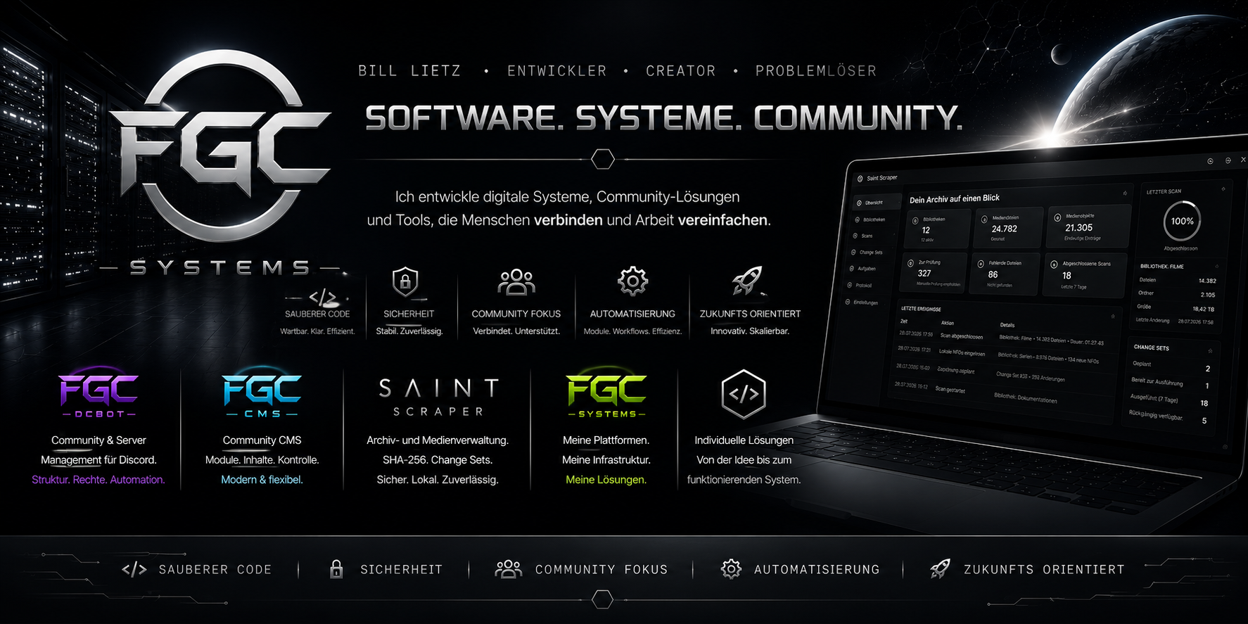 Übersicht der FGC Systems Markenwelt mit DC Bot, CMS, Saint Scraper und FGC Systems